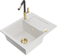 Mexen Enzo Granite Sink 1-Bowl with Drainer and Kitchen Tap Flora, White - 6506-20-670401-57-G