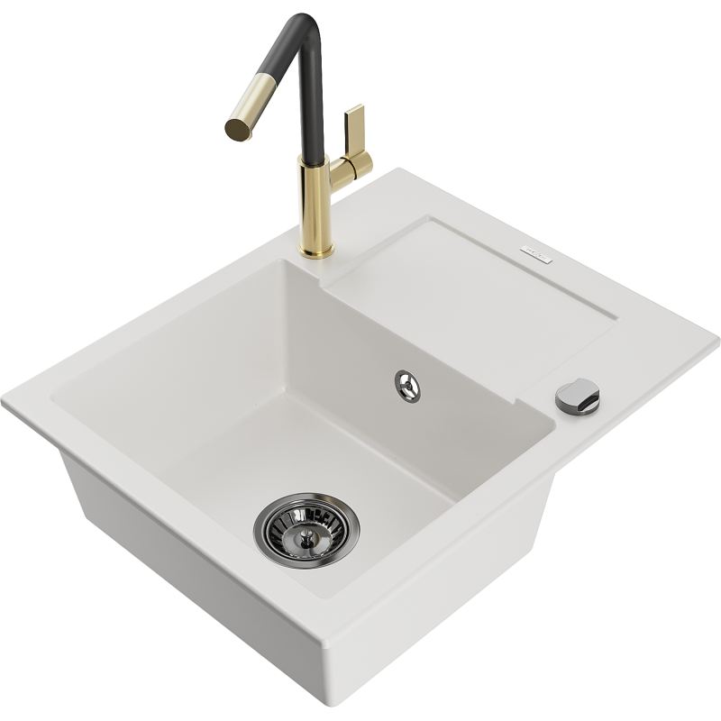 Mexen Enzo fregadero de granito 1 cubeta con escurridor y grifo de cocina Flora, blanco - 6506-20-670401-57-B