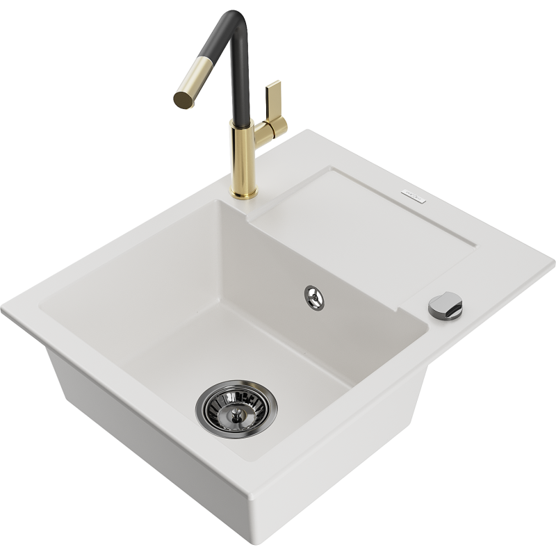 Mexen Enzo granite kitchen sink 1-bowl with drainer and Flora kitchen tap, white - 6506-20-670401-57-B