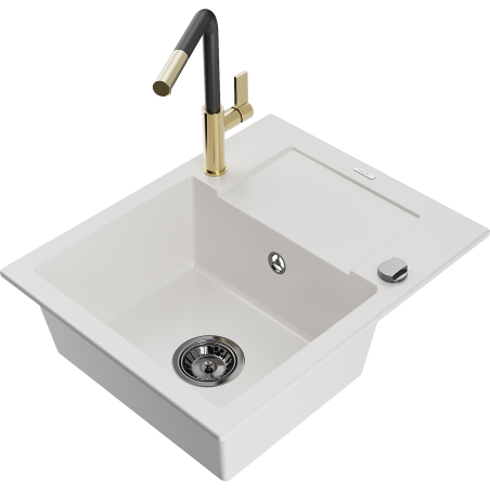 Mexen Enzo lava-louça de granito de 1 cuba com escorredor e torneira de cozinha Flora, branco - 6506-20-670401-57-B