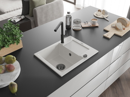 Mexen Enzo granite sink 1-bowl with drainer and Flora kitchen tap, white - 6506-20-670401-70-B