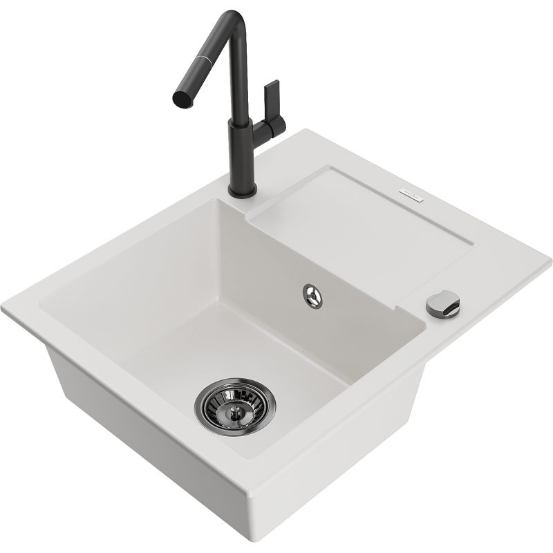 Mexen Enzo évier de cuisine en granit 1 bac avec égouttoir et robinet de cuisine Flora, blanc - 6506-20-670401-70-B