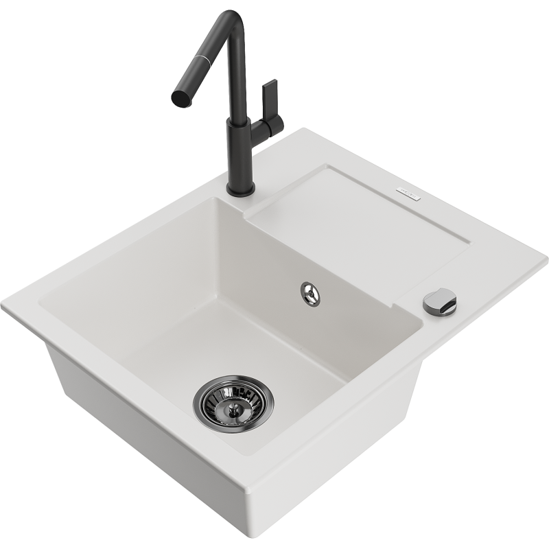 Mexen Enzo fregadero de granito de 1 seno con escurridor y grifo de cocina Flora, blanco - 6506-20-670401-70-B