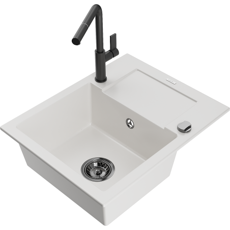 Mexen Enzo fregadero de granito de 1 cubeta con escurridor y grifo de cocina Flora, blanco - 6506-20-670401-70-B