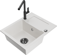 Mexen Enzo granite sink 1-bowl with drainer and Flora kitchen tap, white - 6506-20-670401-70-B