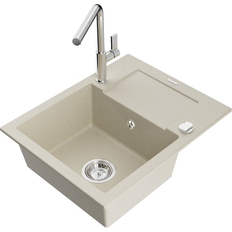 Mexen Enzo fregadero de granito de 1 seno con escurridor y grifo de cocina Flora, beige - 6506-69-670401-00