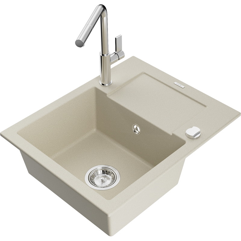 Mexen Enzo Granitspüle 1-beckig mit Abtropffläche und Küchenarmatur Flora, beige - 6506-69-670401-00
