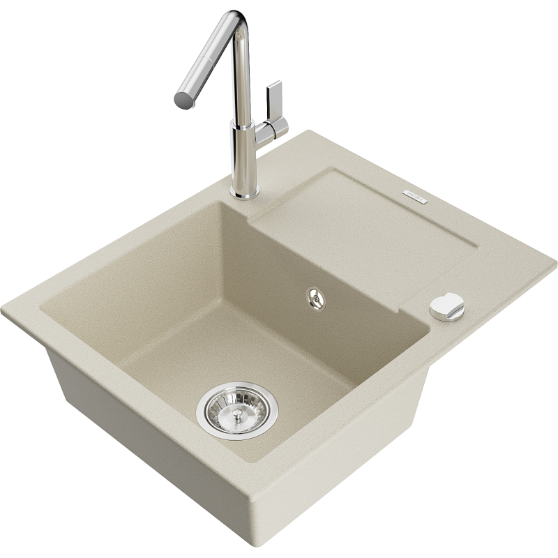 Mexen Enzo Granitspullëschte mat 1 Kummer, Ofdrecksplack an Küchenkran Flora, beige - 6506-69-670401-00