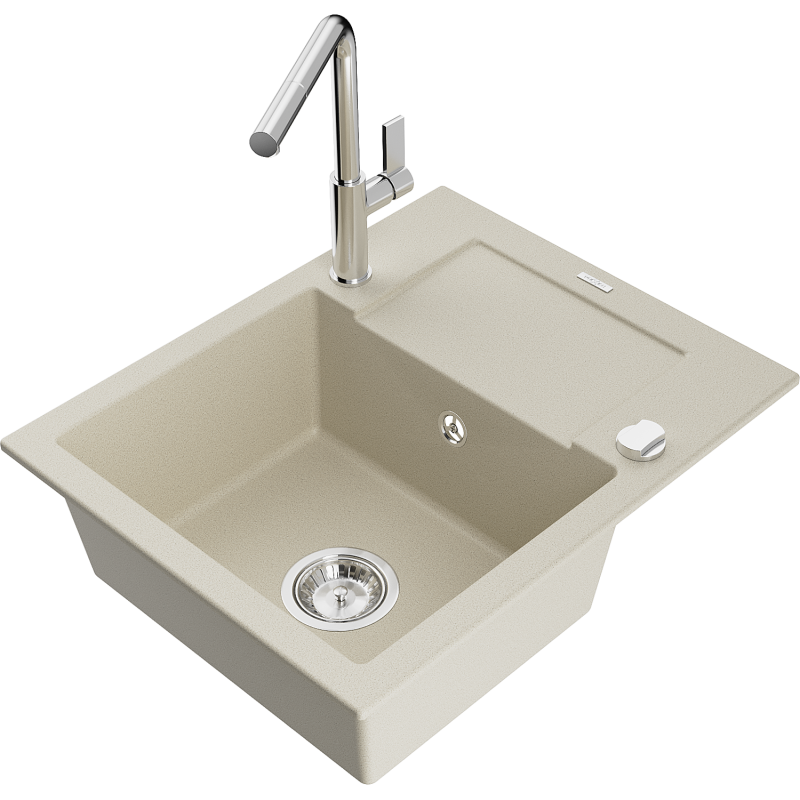Mexen Enzo lava-loiça de granito com 1 cuba e escorredor e torneira de cozinha Flora, bege - 6506-69-670401-00
