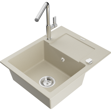 Mexen Enzo 1-bowl granite sink with drainer and Flora kitchen tap, beige - 6506-69-670401-00
