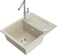 Mexen Enzo 1-bowl granite sink with drainer and Flora kitchen tap, beige - 6506-69-670401-00