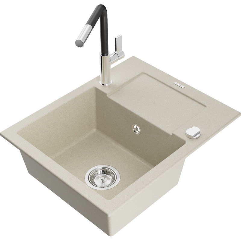Mexen Enzo fregadero de granito de 1 seno con escurridor y grifo de cocina Flora, beige - 6506-69-670401-07