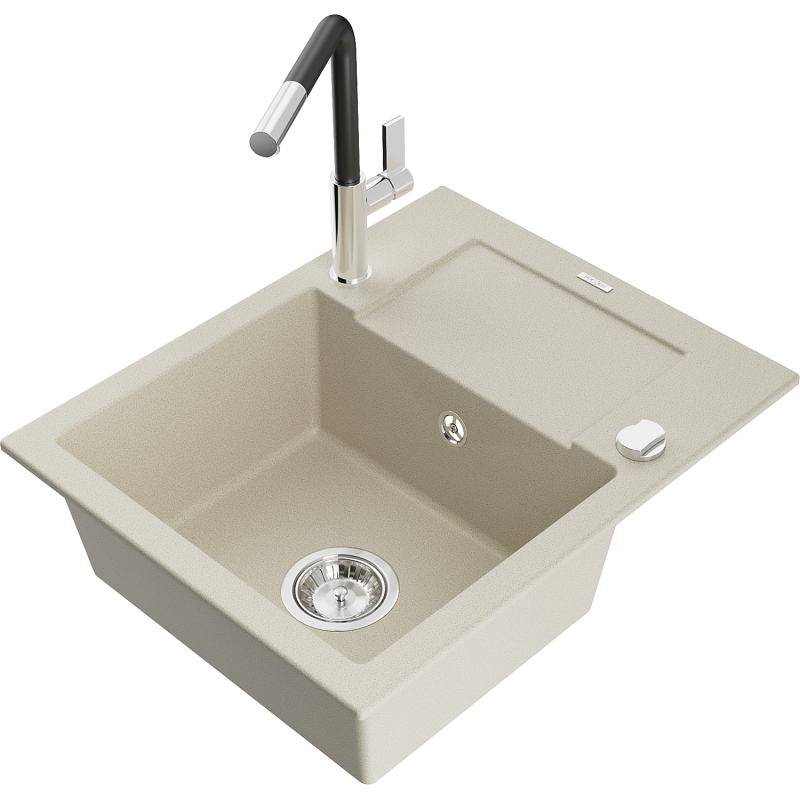 Mexen Enzo granitdiskbänk i ett fack med avrinning och köksblandare Flora, beige - 6506-69-670401-07