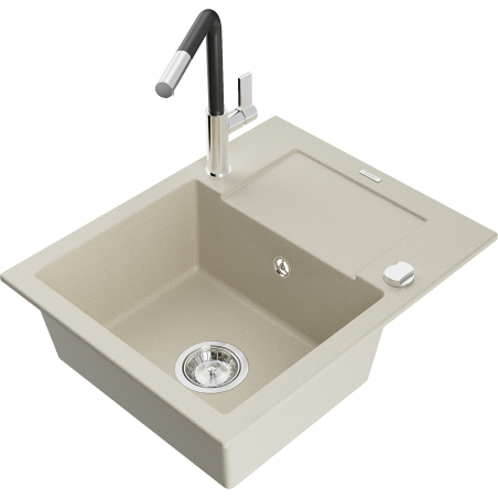 Mexen Enzo granitspüle 1-becken mit abtropffläche und küchenarmatur Flora, beige - 6506-69-670401-07