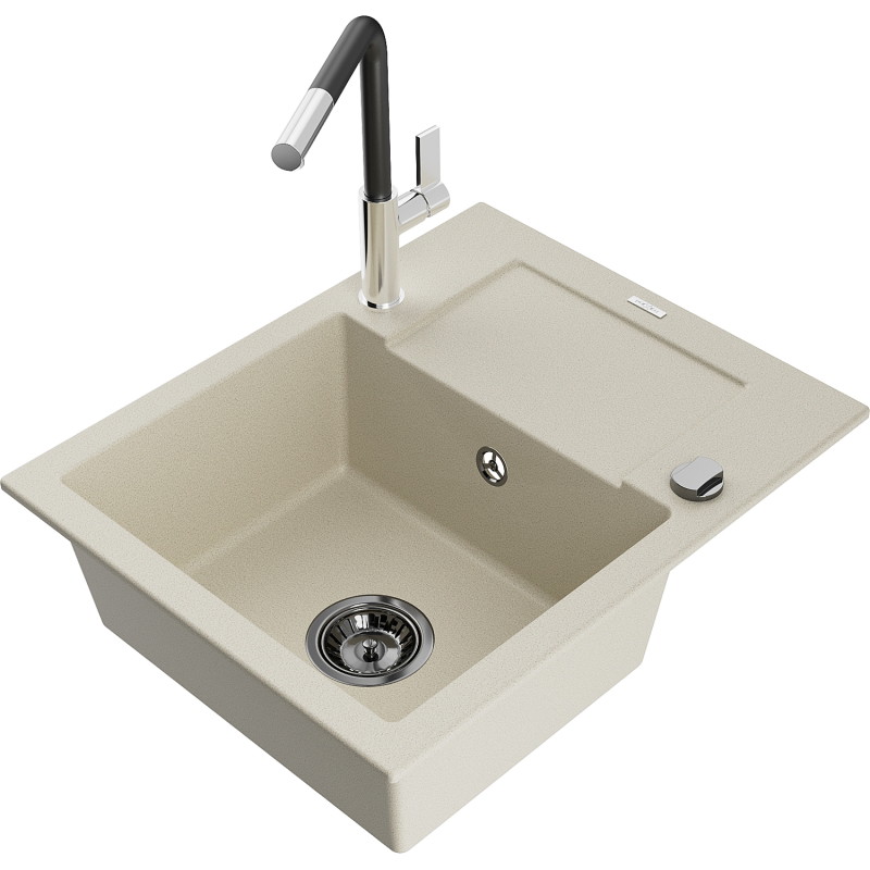 Mexen Enzo lavello da cucina in granito a 1 vasca con sgocciolatoio e rubinetto Flora, beige - 6506-69-670401-07-B