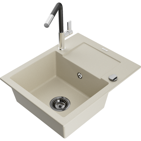 Mexen Enzo 1-bowl granite sink with drainer and Flora kitchen faucet, beige - 6506-69-670401-07-B