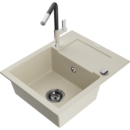 Mexen Enzo évier en granit 1 bac avec égouttoir et robinet de cuisine Flora, beige - 6506-69-670401-07-B