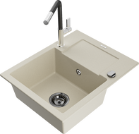 Mexen Enzo granite kitchen sink 1-bowl with drainer and Flora kitchen tap, beige - 6506-69-670401-07-B