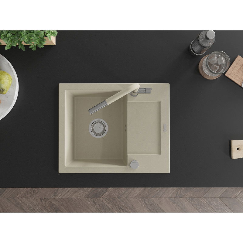 Mexen Enzo lavello in granito a 1 vasca con scolapiatti e rubinetto da cucina Flora, beige - 6506-69-670401-09