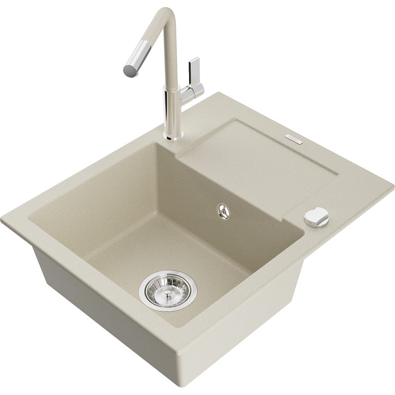 Mexen Enzo fregadero de granito de 1 seno con escurridor y grifo de cocina Flora, beige - 6506-69-670401-09