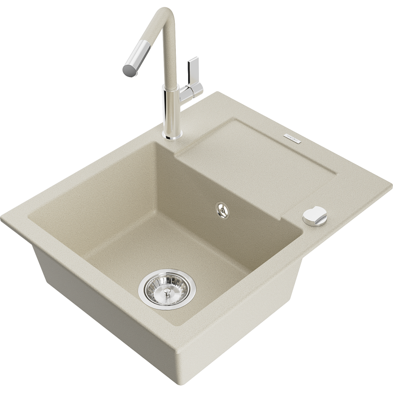 Mexen Enzo granitdiskbänk med en skål och avrinningsyta samt köksblandare Flora, beige - 6506-69-670401-09