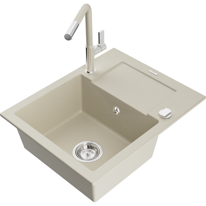 Mexen Enzo lavello in granito a 1 vasca con scolapiatti e rubinetto da cucina Flora, beige - 6506-69-670401-09