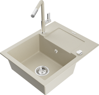 Mexen Enzo Granite Sink 1-Bowl with Drainer and Flora Kitchen Tap, Beige - 6506-69-670401-09