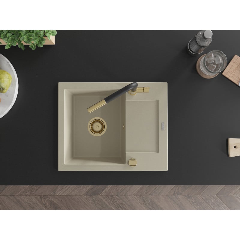 Mexen Enzo fregadero de granito de 1 seno con escurridor y grifo de cocina Flora, beige - 6506-69-670401-57-G