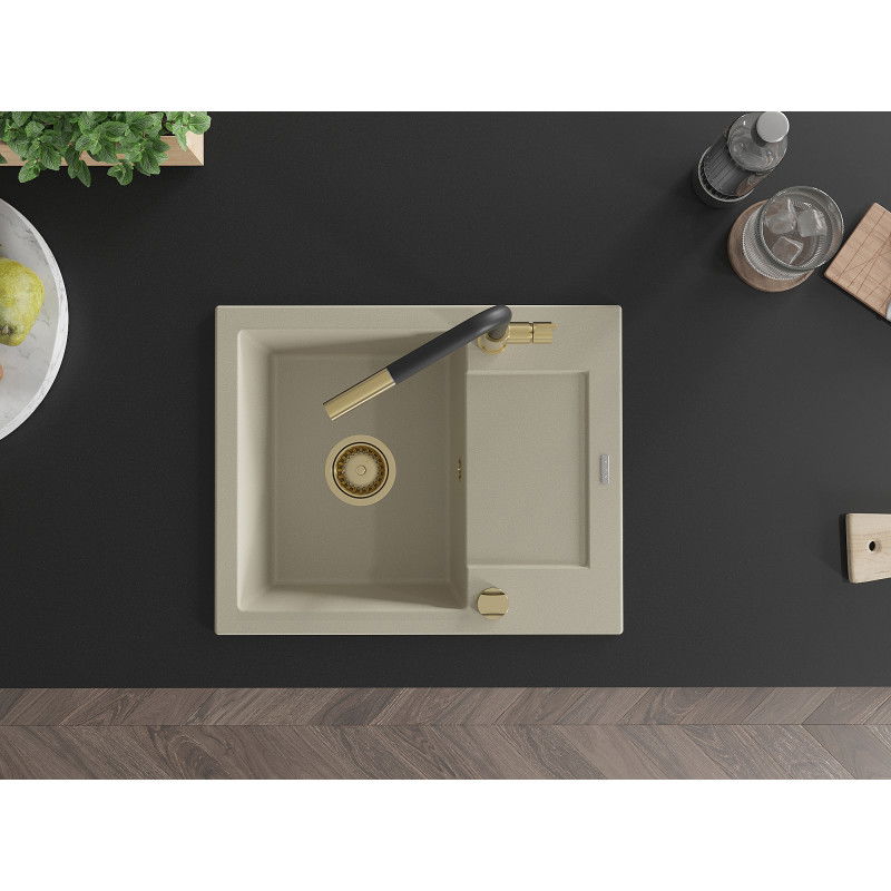 Mexen Enzo Granitspüle 1-Becken mit Abtropffläche und Küchenarmatur Flora, beige - 6506-69-670401-57-G