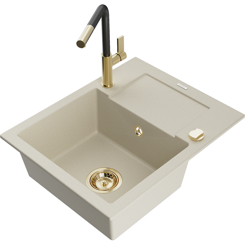 Mexen Enzo 1-bowl granite sink with drainer and Flora kitchen tap, beige - 6506-69-670401-57-G