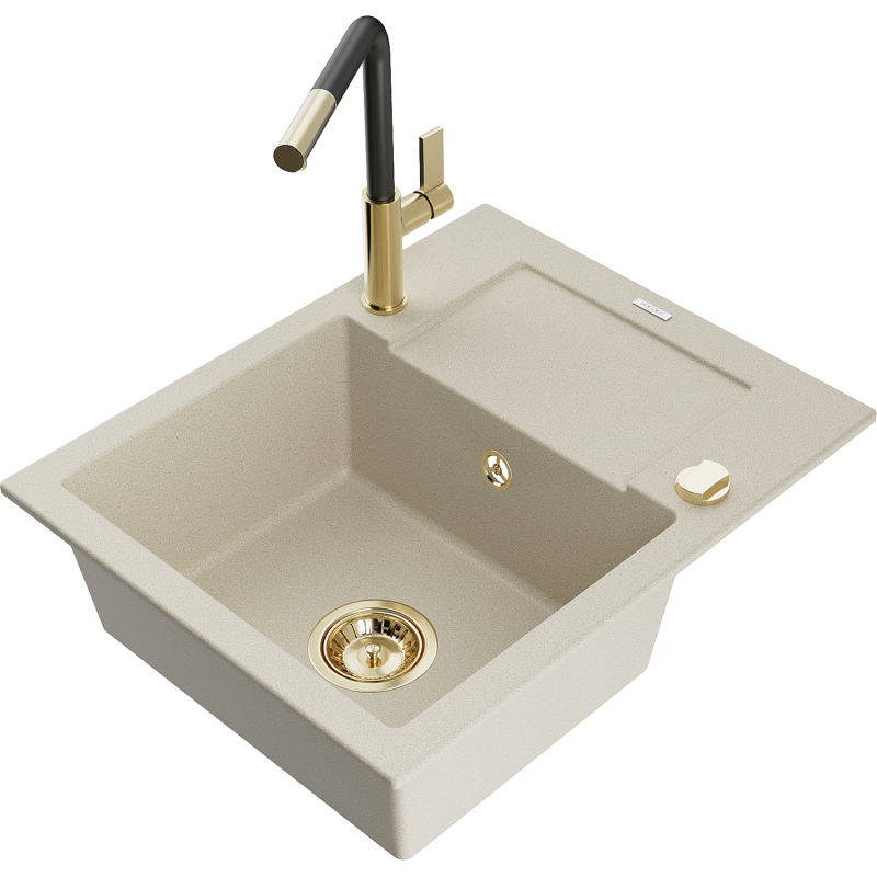 Mexen Enzo fregadero de granito de 1 seno con escurridor y grifo de cocina Flora, beige - 6506-69-670401-57-G