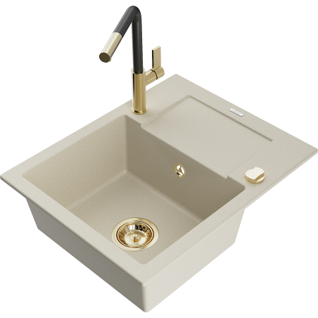 Mexen Enzo 1-bowl granite sink with drainer and Flora kitchen tap, beige - 6506-69-670401-57-G