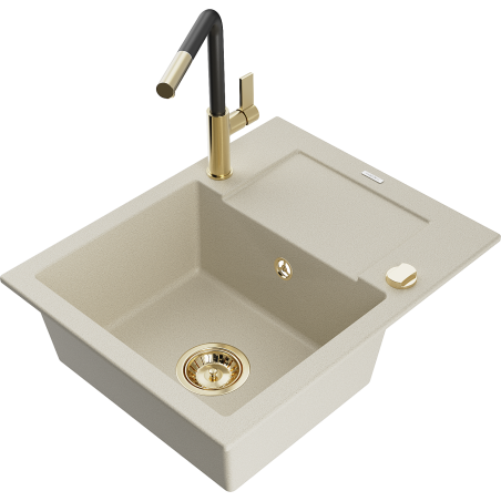 Mexen Enzo granieten gootsteen met 1 bak, afdruiprek en keukenkraan Flora, beige - 6506-69-670401-57-G