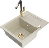 Mexen Enzo 1-bowl granite sink with drainer and Flora kitchen tap, beige - 6506-69-670401-57-G