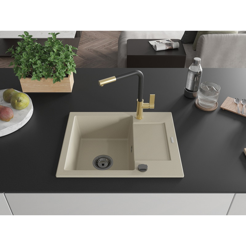 Mexen Enzo évier en granit 1 bac avec égouttoir et mitigeur de cuisine Flora, beige - 6506-69-670401-57-B