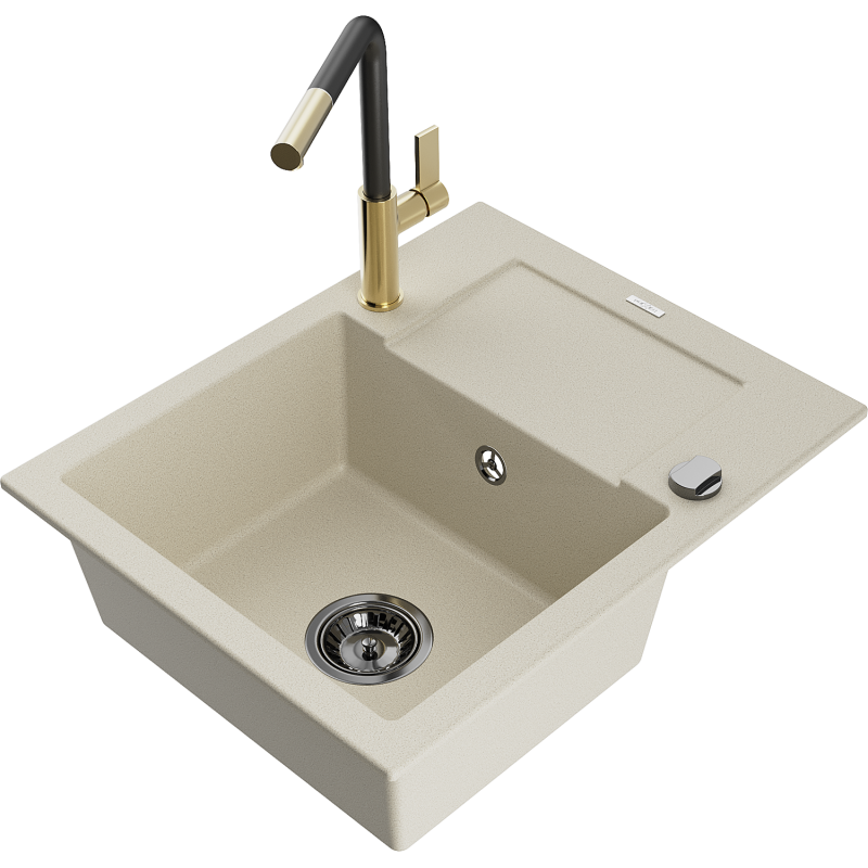 Mexen Enzo fregadero de cocina de granito de 1 seno con escurridor y grifo de cocina Flora, beige - 6506-69-670401-57-B