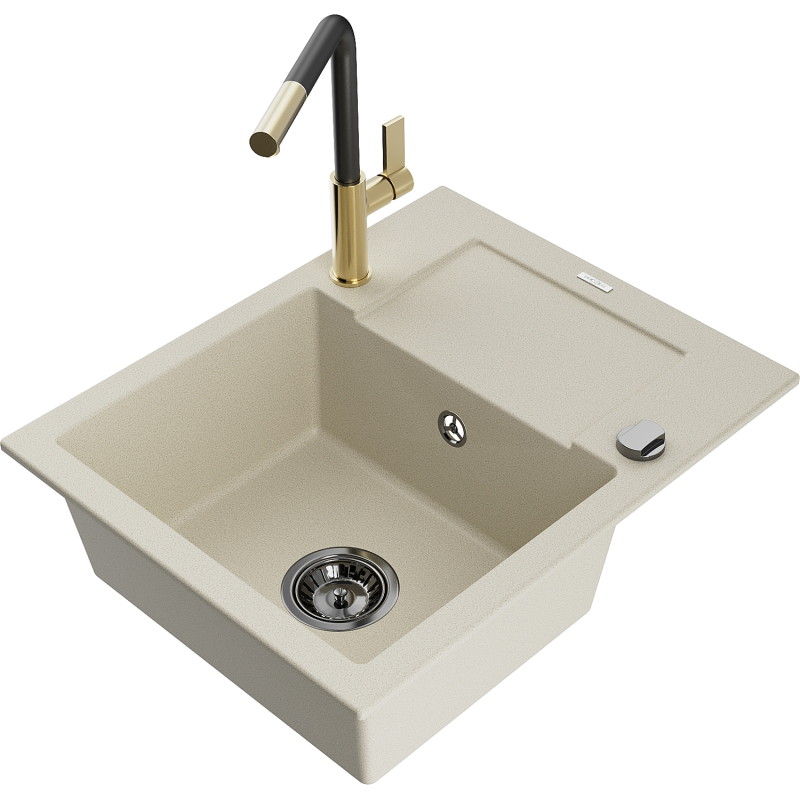 Mexen Enzo lavello da cucina in granito a 1 vasca con scolapiatti e miscelatore Flora, beige - 6506-69-670401-57-B