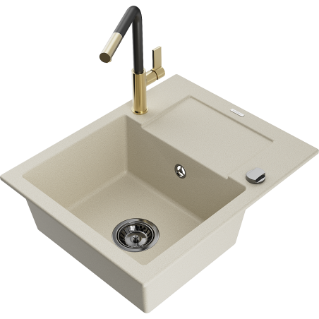 Mexen Enzo Granitspüle 1-Becken mit Abtropffläche und Küchenarmatur Flora, beige - 6506-69-670401-57-B