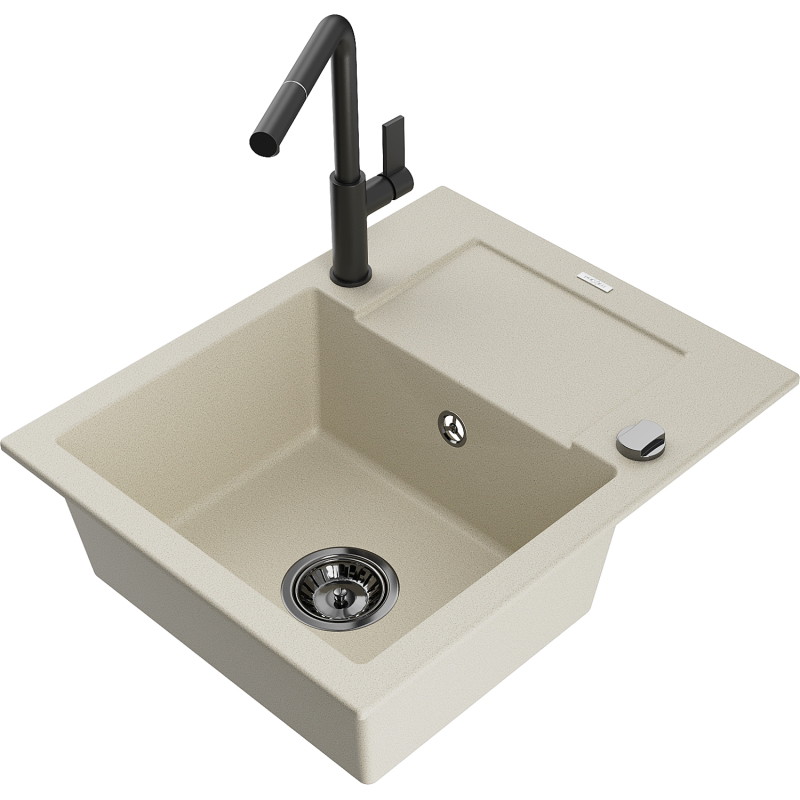 Mexen Enzo granitspüle 1-beckig mit Abtropffläche und Küchenarmatur Flora, beige - 6506-69-670401-70-B