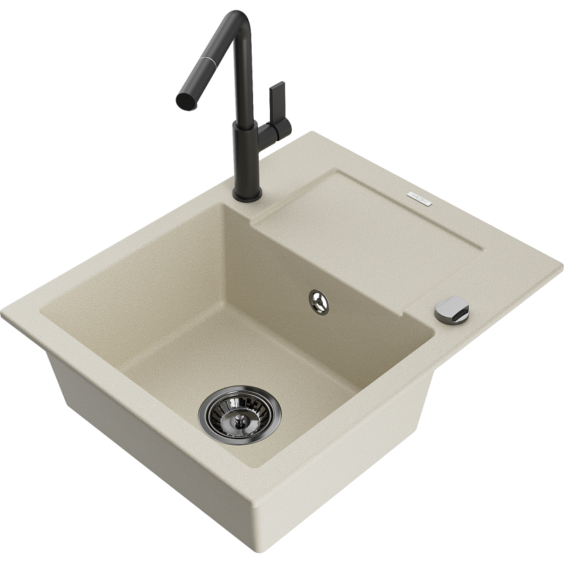Mexen Enzo lavello da cucina in granito 1 vasca con scolapiatti e rubinetto da cucina Flora, beige - 6506-69-670401-70-B