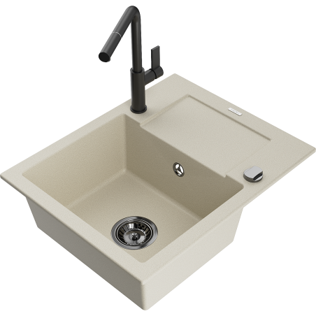 Mexen Enzo Granitspüle 1-Becken mit Abtropffläche und Küchenarmatur Flora, beige - 6506-69-670401-70-B