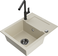 Mexen Enzo single-bowl granite sink with drainer and Flora kitchen tap, beige - 6506-69-670401-70-B