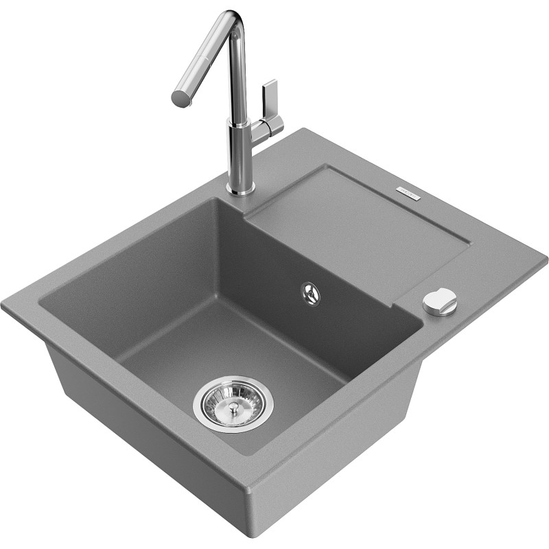 Mexen Enzo fregadero de granito de 1 compartimento con escurridor y grifo de cocina Flora, gris - 6506-71-670401-00