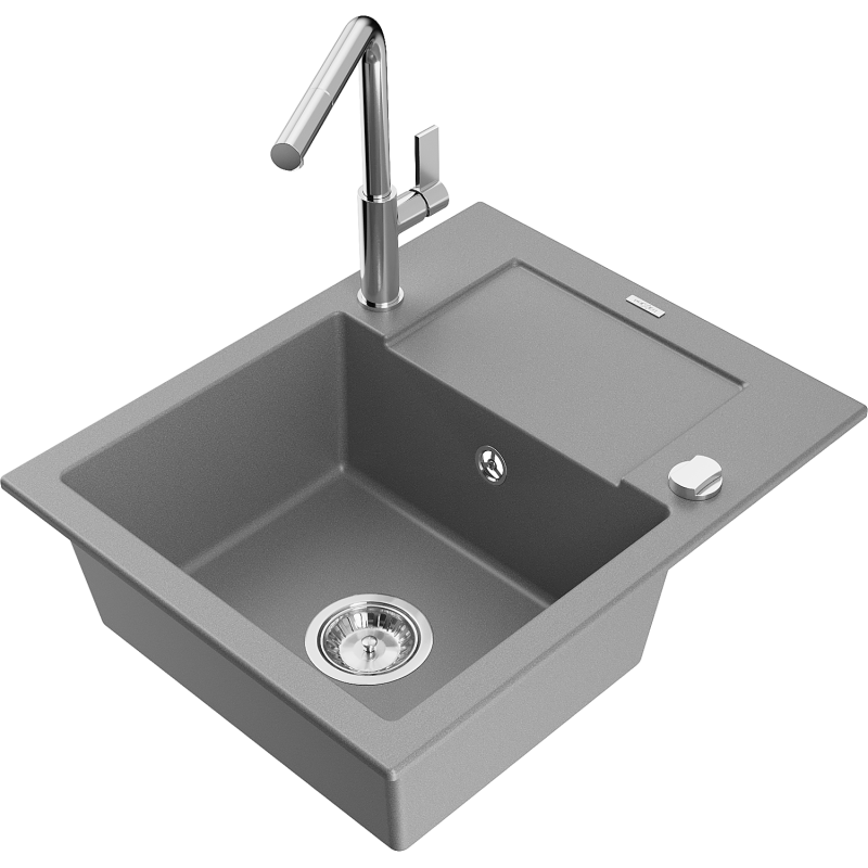 Mexen Enzo fregadero de granito de 1 seno con escurridor y grifo de cocina Flora, gris - 6506-71-670401-00