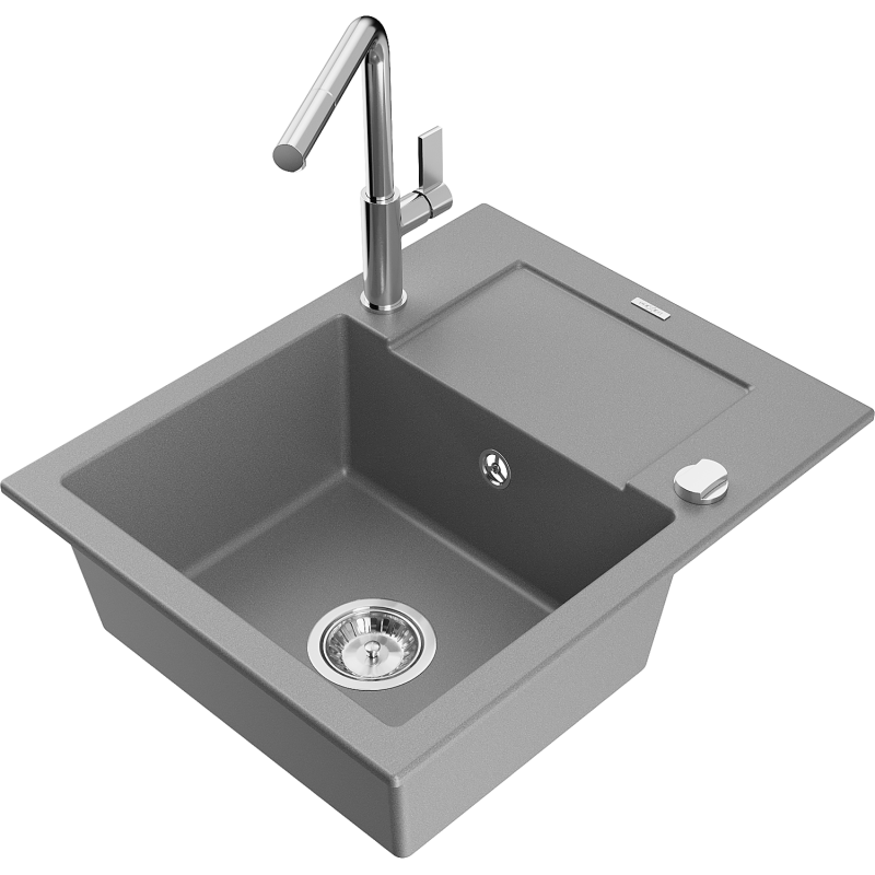 Mexen Enzo lava-loiça de granito de 1 cuba com escorredor e torneira de cozinha Flora, cinza - 6506-71-670401-00