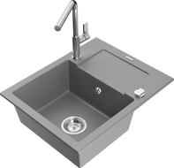 Mexen Enzo 1-bowl granite sink with drainer and Flora kitchen tap, grey - 6506-71-670401-00