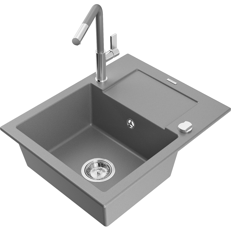 Mexen Enzo évier de cuisine en granit 1 bac avec égouttoir et robinet Flora, gris - 6506-71-670401-06