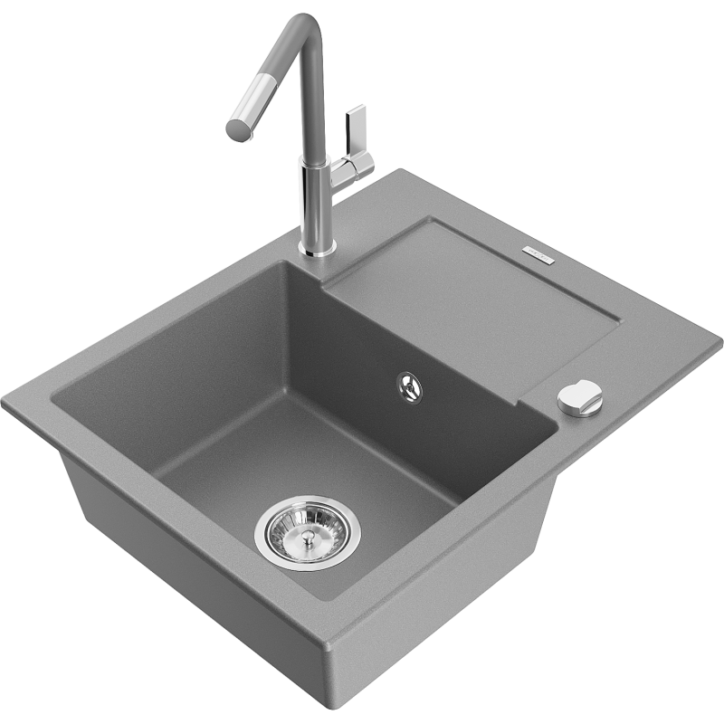 Mexen Enzo granite sink 1-bowl with drainer and Flora kitchen tap, grey - 6506-71-670401-06