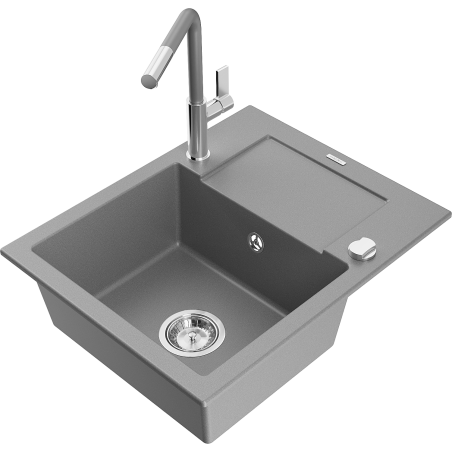 Mexen Enzo évier de cuisine en granit 1 bac avec égouttoir et robinet Flora, gris - 6506-71-670401-06