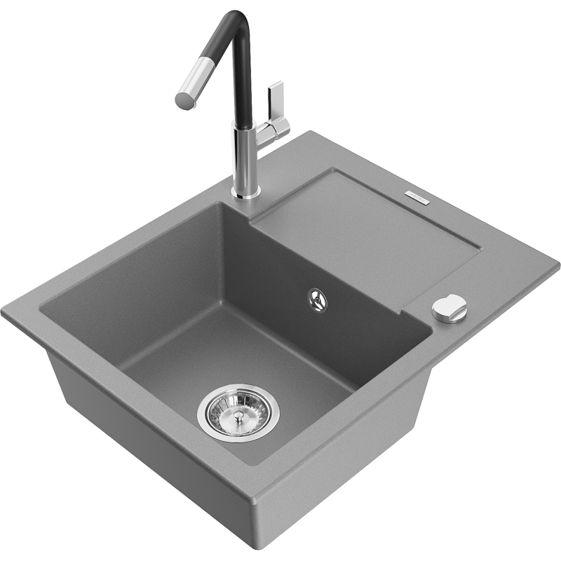 Mexen Enzo 1-bowl granite sink with drainer and Flora kitchen tap, grey - 6506-71-670401-07